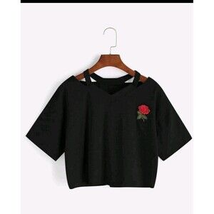 Black Rose Patch Graphic Boxy Cropped Tee